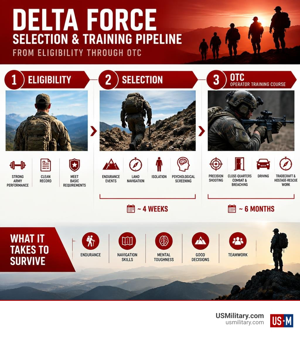 Delta Force selection and training pipeline from eligibility through OTC infographic Delta Force selection and training pipeline from eligibility through OTC infographic