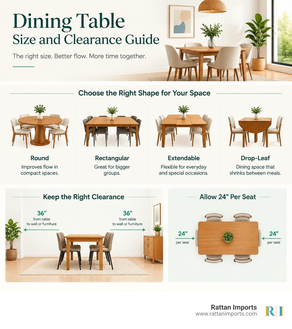 Dining table size and clearance guide infographic Dining table size and clearance guide infographic