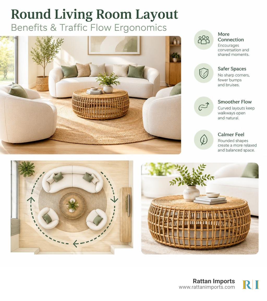 Round living room layout benefits and traffic flow ergonomics infographic Round living room layout benefits and traffic flow ergonomics infographic