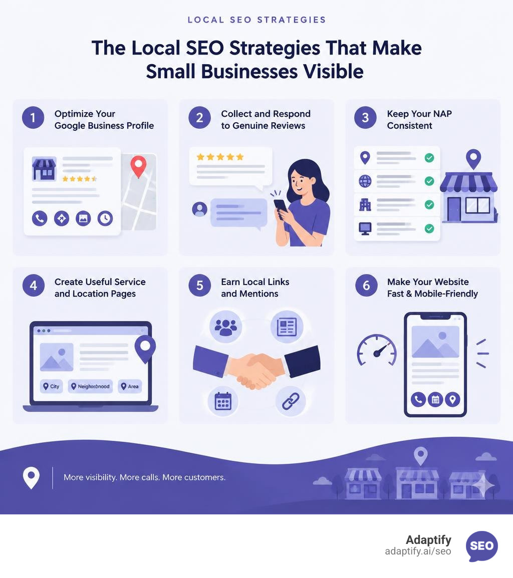 Infographic of six local SEO strategies for small business visibility infographic