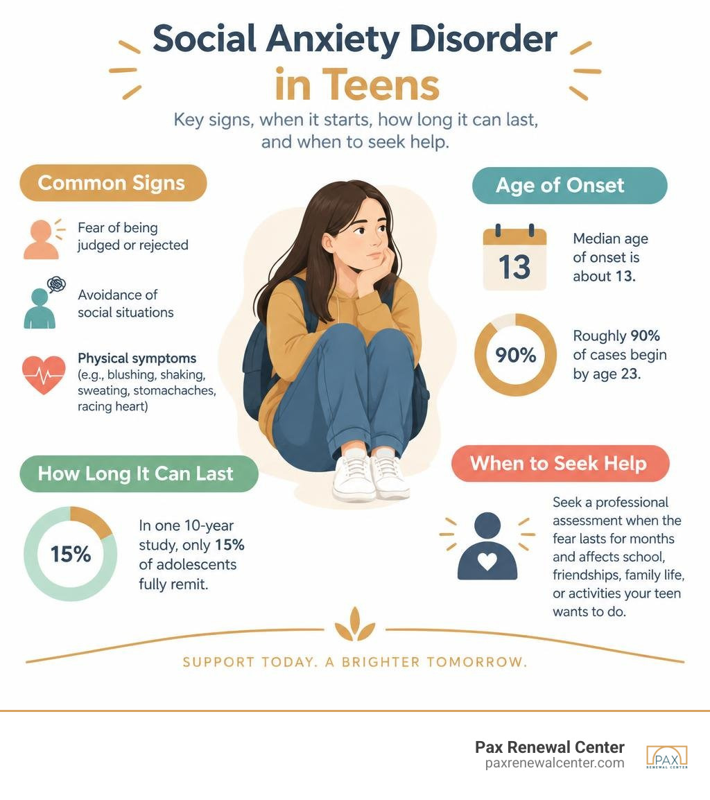 Infographic: teen social anxiety signs, age of onset, persistence, and when to seek help infographic