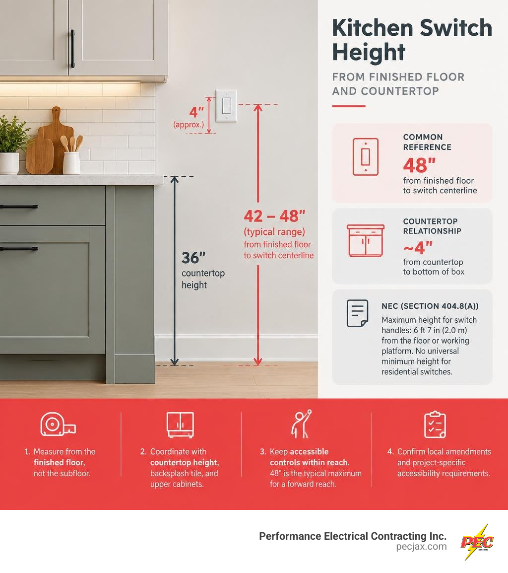 Kitchen switch height measurements from finished floor and countertop infographic