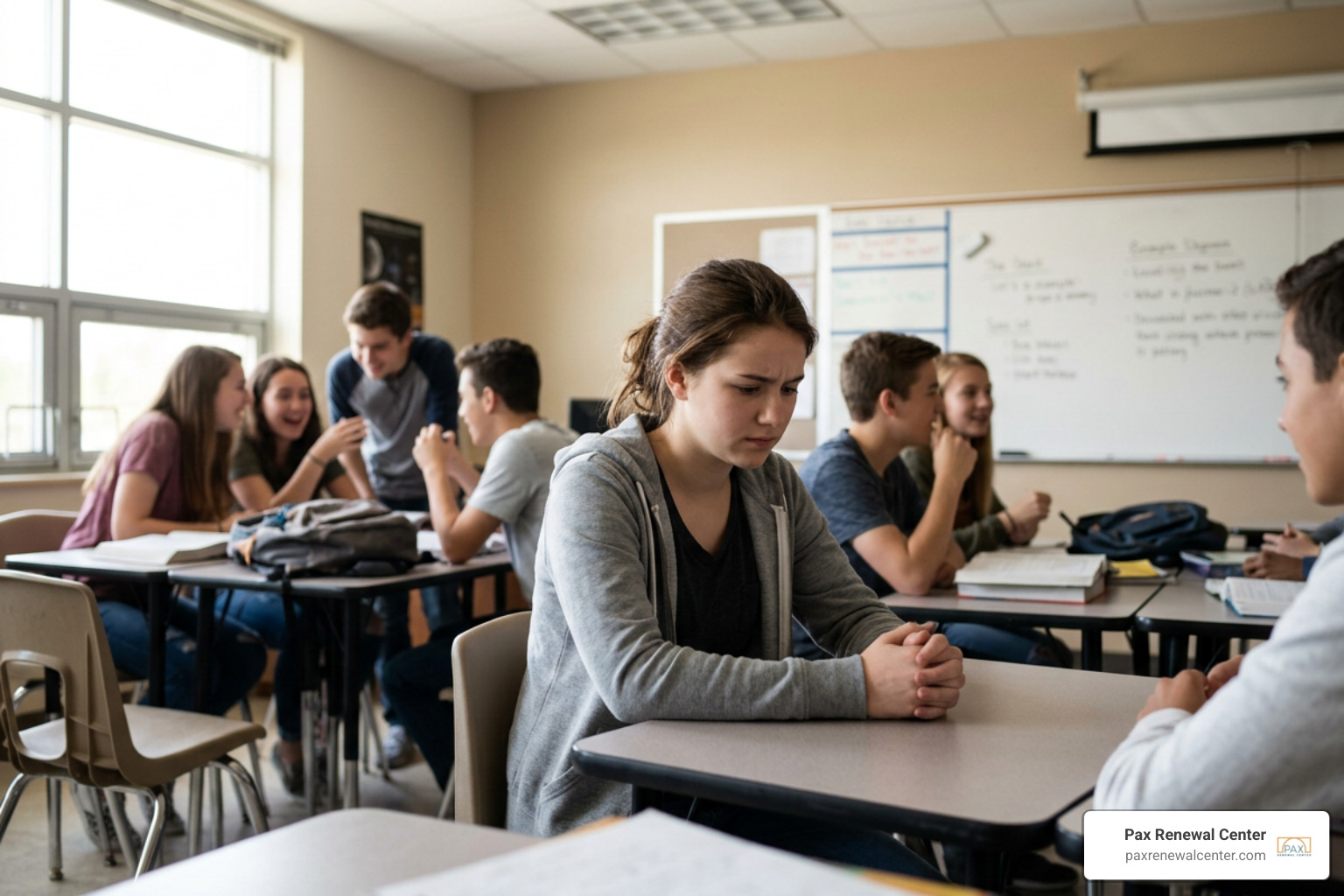Teenage girl struggling with intense self-consciousness during class participation
