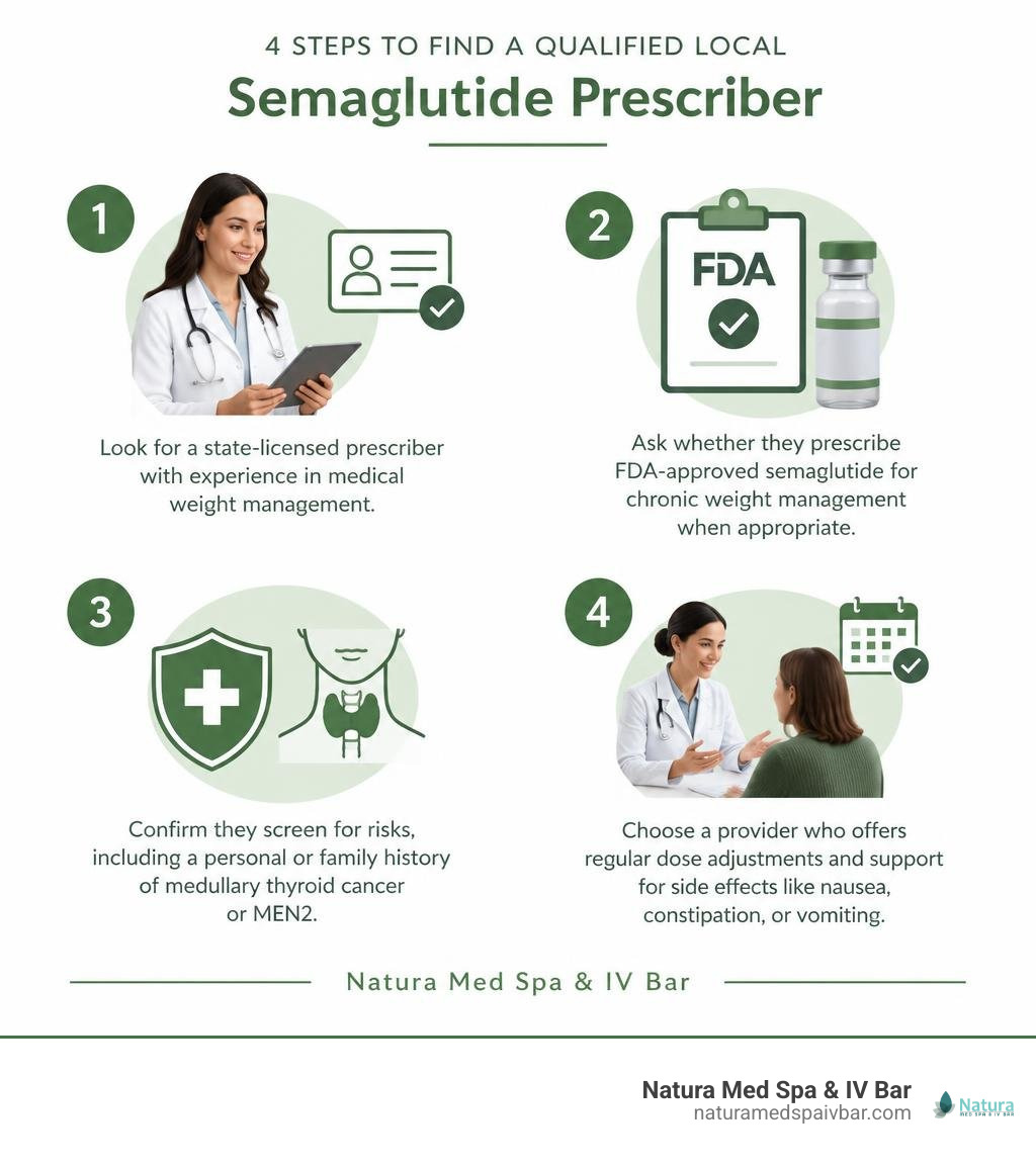 Infographic showing four steps to find a qualified local semaglutide prescriber infographic Infographic showing four steps to find a qualified local semaglutide prescriber infographic