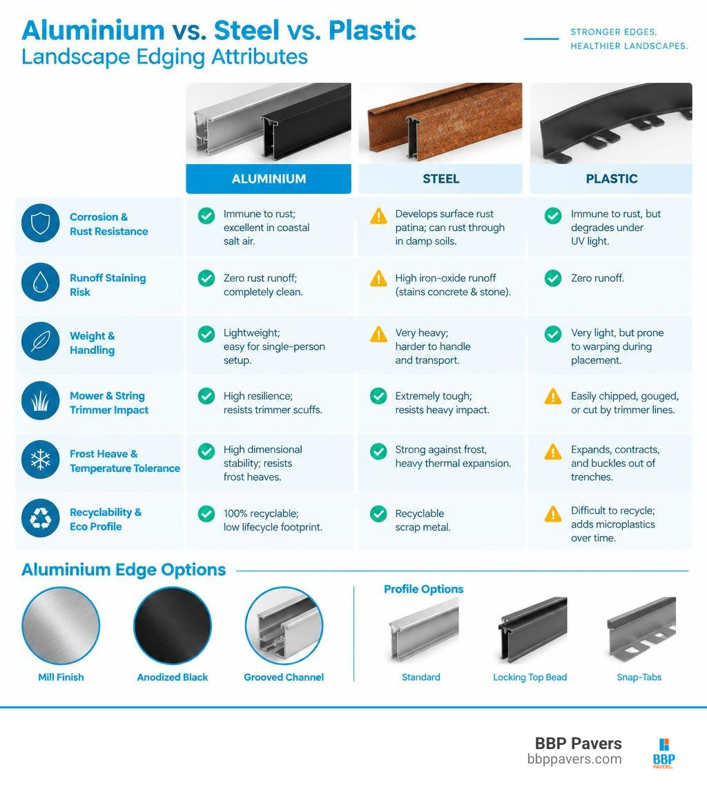 Comparison of aluminium, steel, and plastic edging attributes infographic Comparison of aluminium, steel, and plastic edging attributes infographic