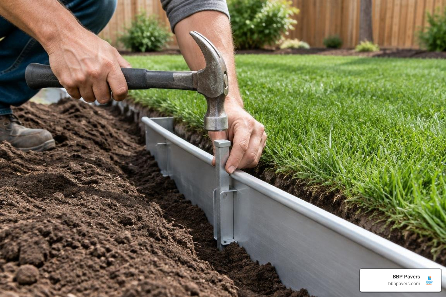 Installing aluminium landscape border in trench with stakes Installing aluminium landscape border in trench with stakes