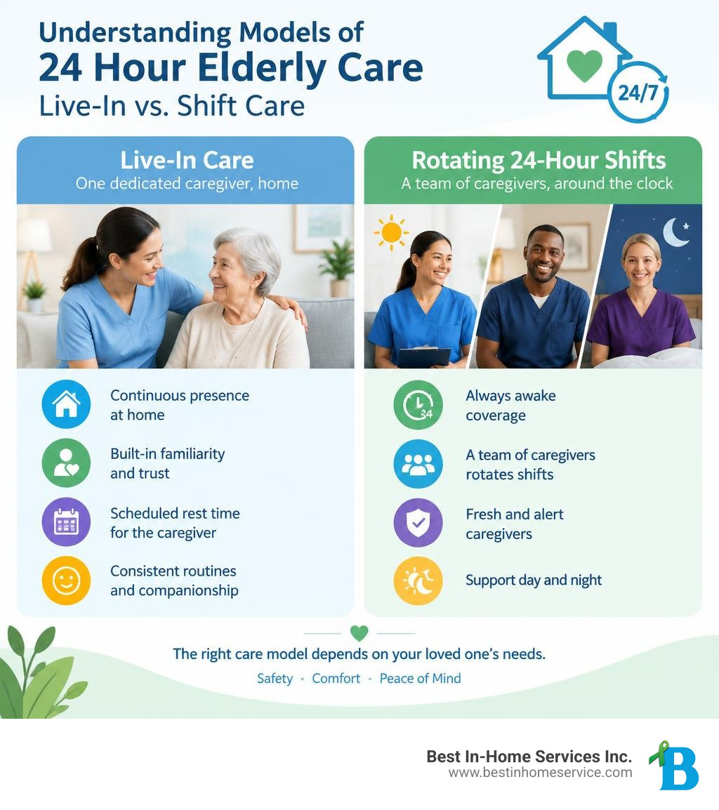 Infographic comparing live-in care and rotating 24-hour caregiver shifts infographic
