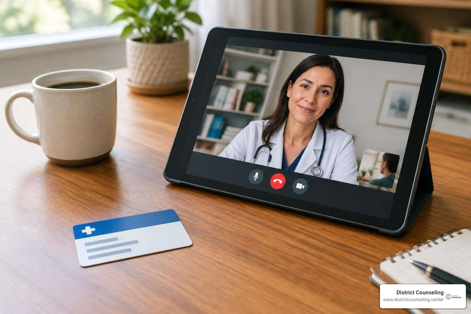Insurance card placed beside a digital tablet for telehealth Insurance card placed beside a digital tablet for telehealth