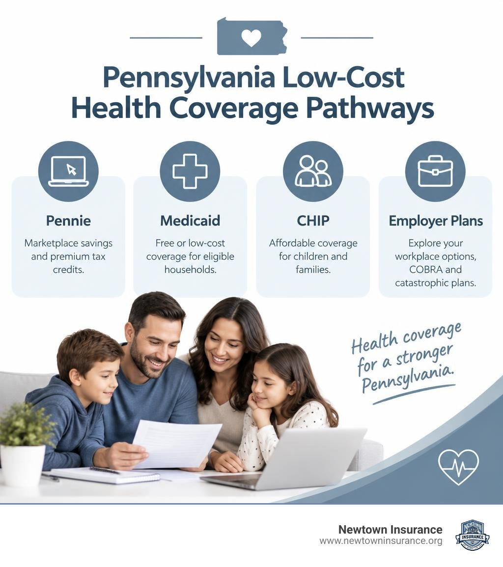 Pennsylvania low-cost health coverage pathways: Pennie, Medicaid, CHIP, employer plans infographic Pennsylvania low-cost health coverage pathways: Pennie, Medicaid, CHIP, employer plans infographic