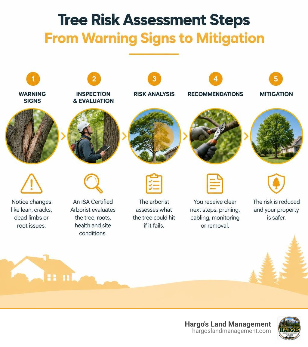 Tree risk assessment steps from warning signs to mitigation infographic Tree risk assessment steps from warning signs to mitigation infographic