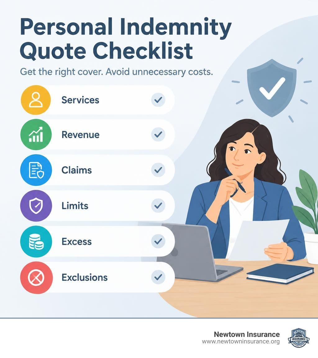 Personal indemnity quote checklist: services, revenue, claims, limits, excess, exclusions infographic