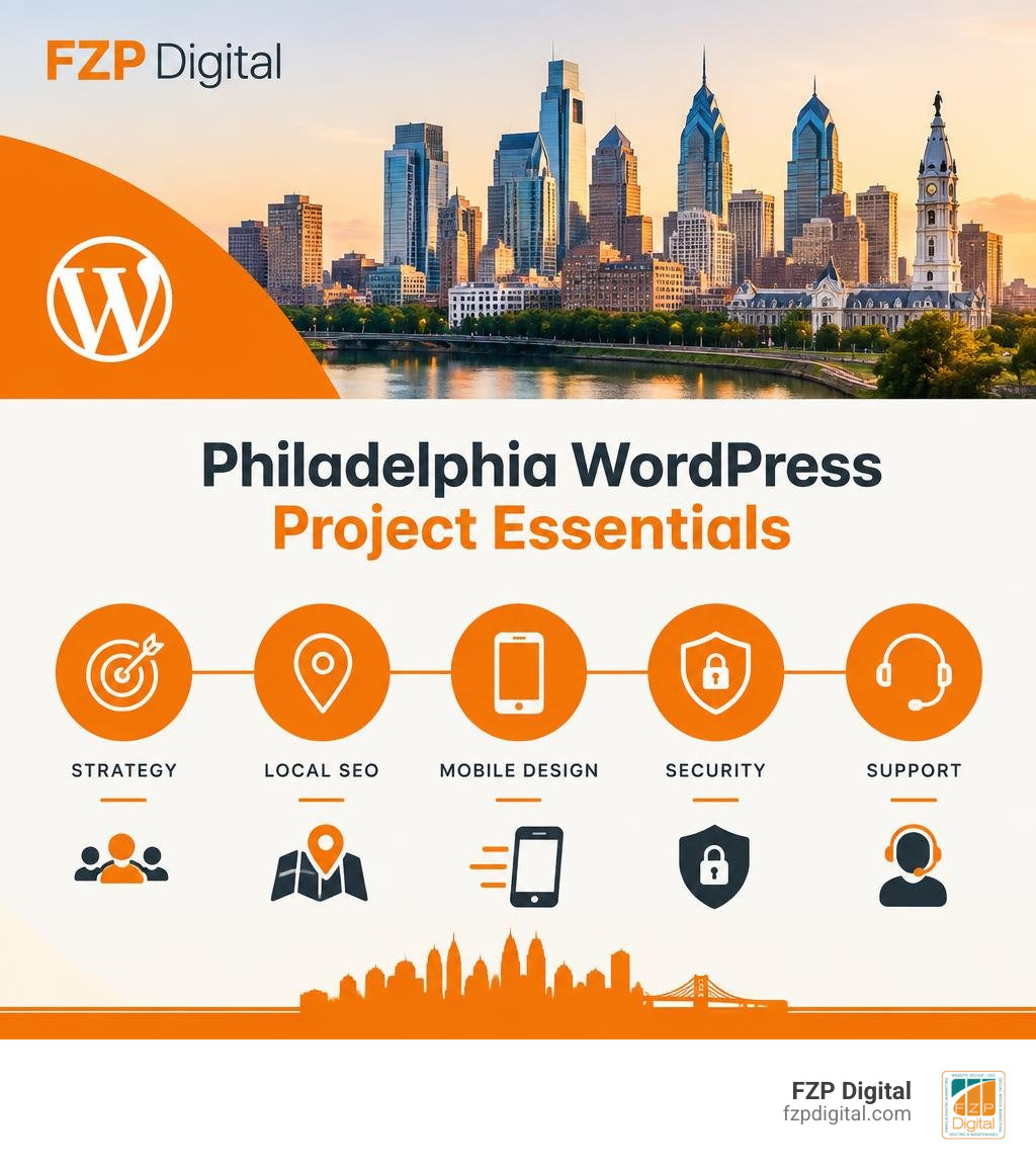 Philadelphia WordPress project essentials: strategy, local SEO, mobile design, security, support infographic Philadelphia WordPress project essentials: strategy, local SEO, mobile design, security, support infographic