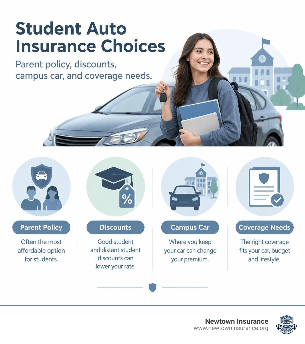 Student auto insurance choices: parent policy, discounts, campus car, and coverage needs infographic