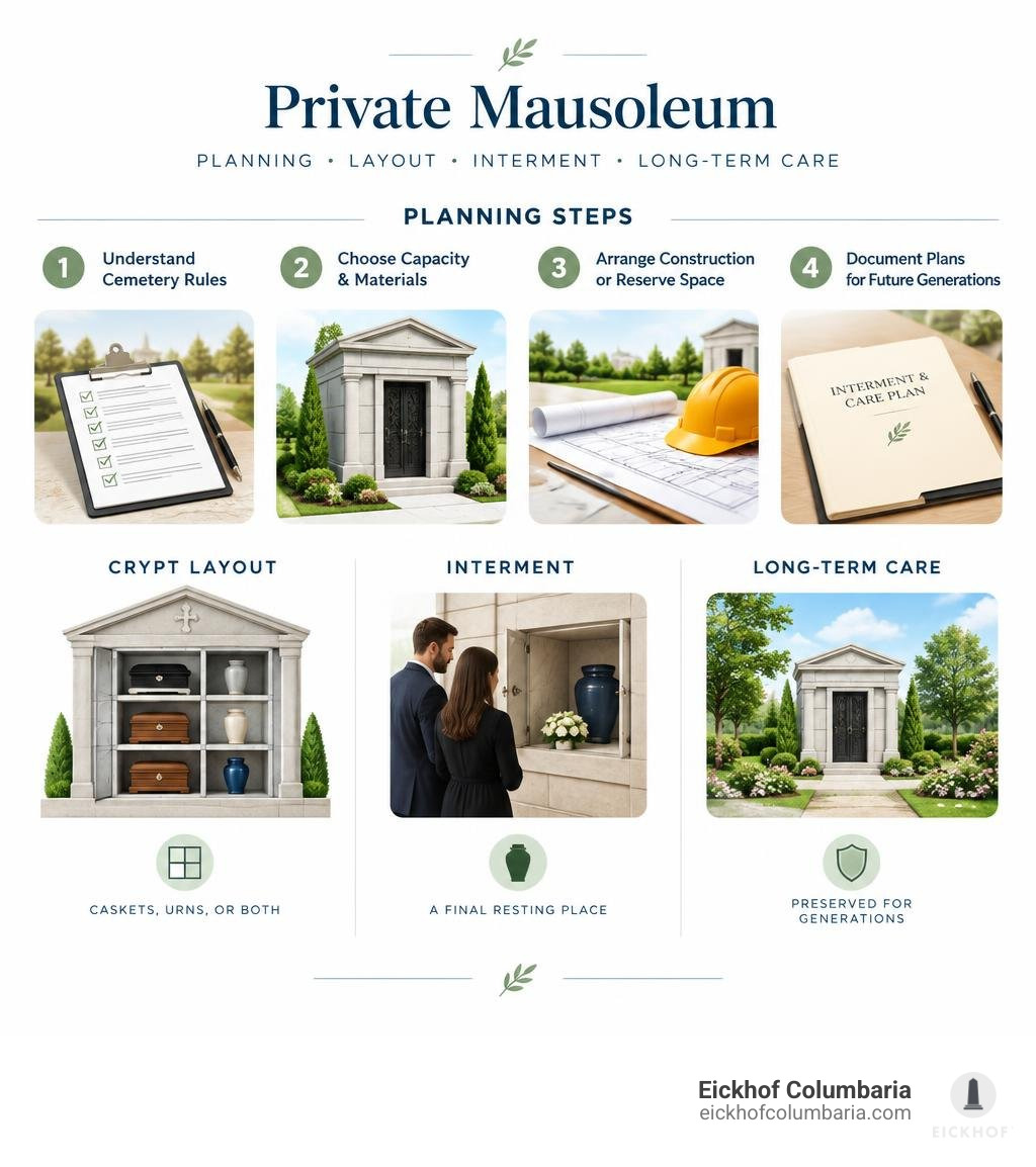 Private mausoleum planning steps, crypt layout, interment, and long-term care infographic Private mausoleum planning steps, crypt layout, interment, and long-term care infographic