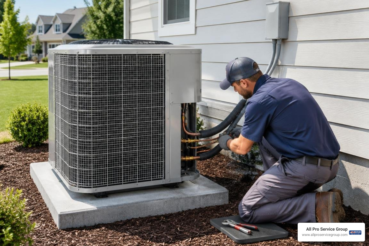 Technician mounting outdoor multi-zone condenser and running refrigerant lines Technician mounting outdoor multi-zone condenser and running refrigerant lines
