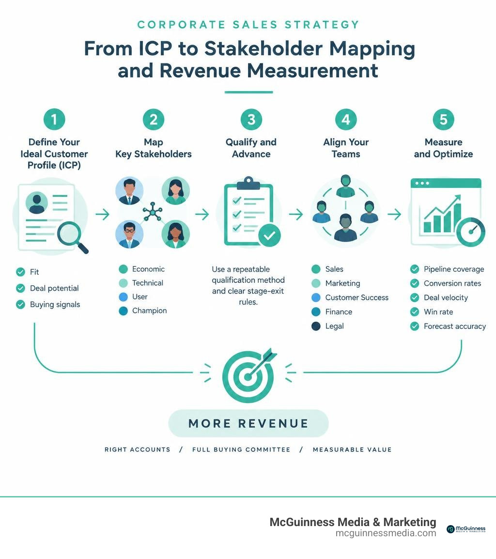 Infographic of corporate sales strategy steps from ICP to stakeholder mapping and revenue measurement infographic