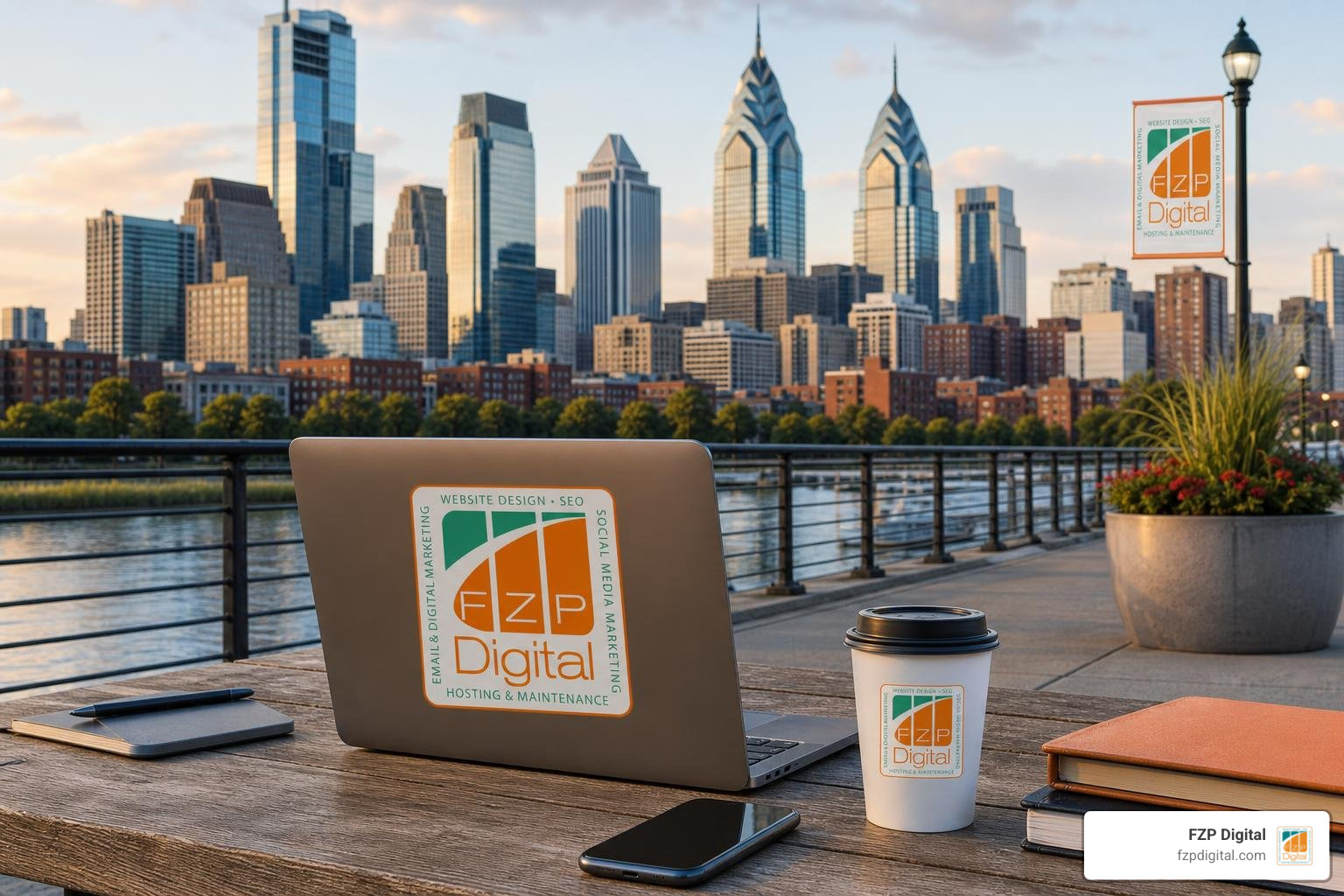 nonprofit design firms Philadelphia skyline FZP Digital logo