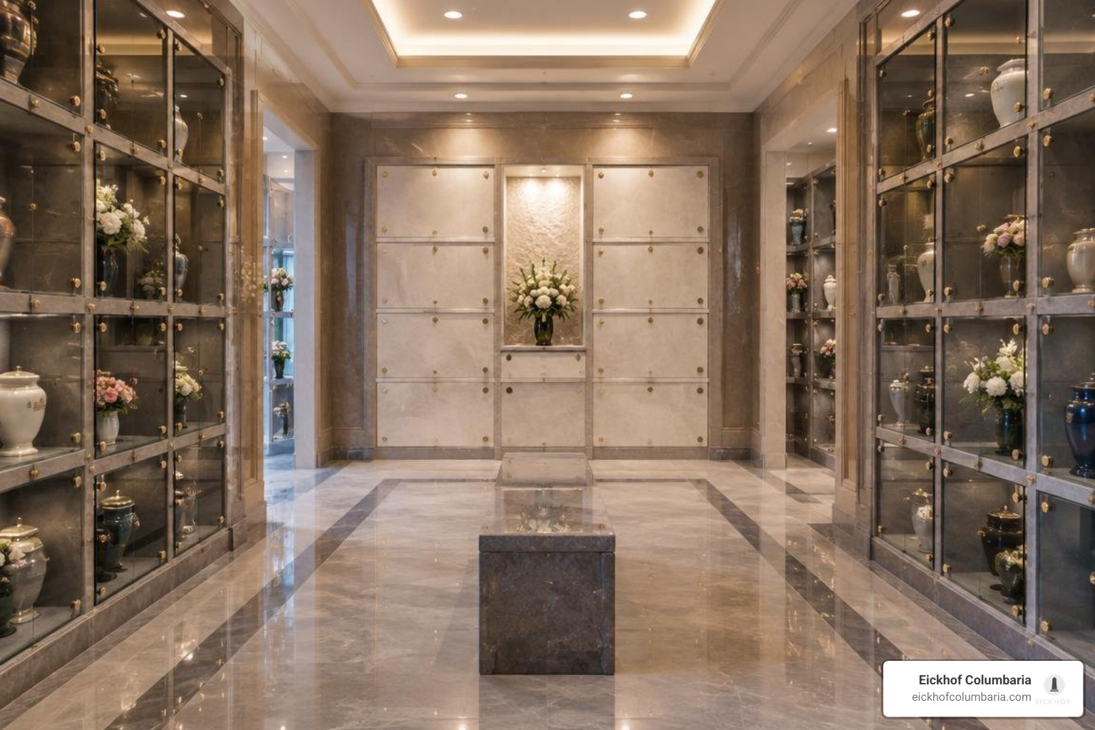 private mausoleum interior with custom crypts and glass-front niches private mausoleum interior with custom crypts and glass-front niches
