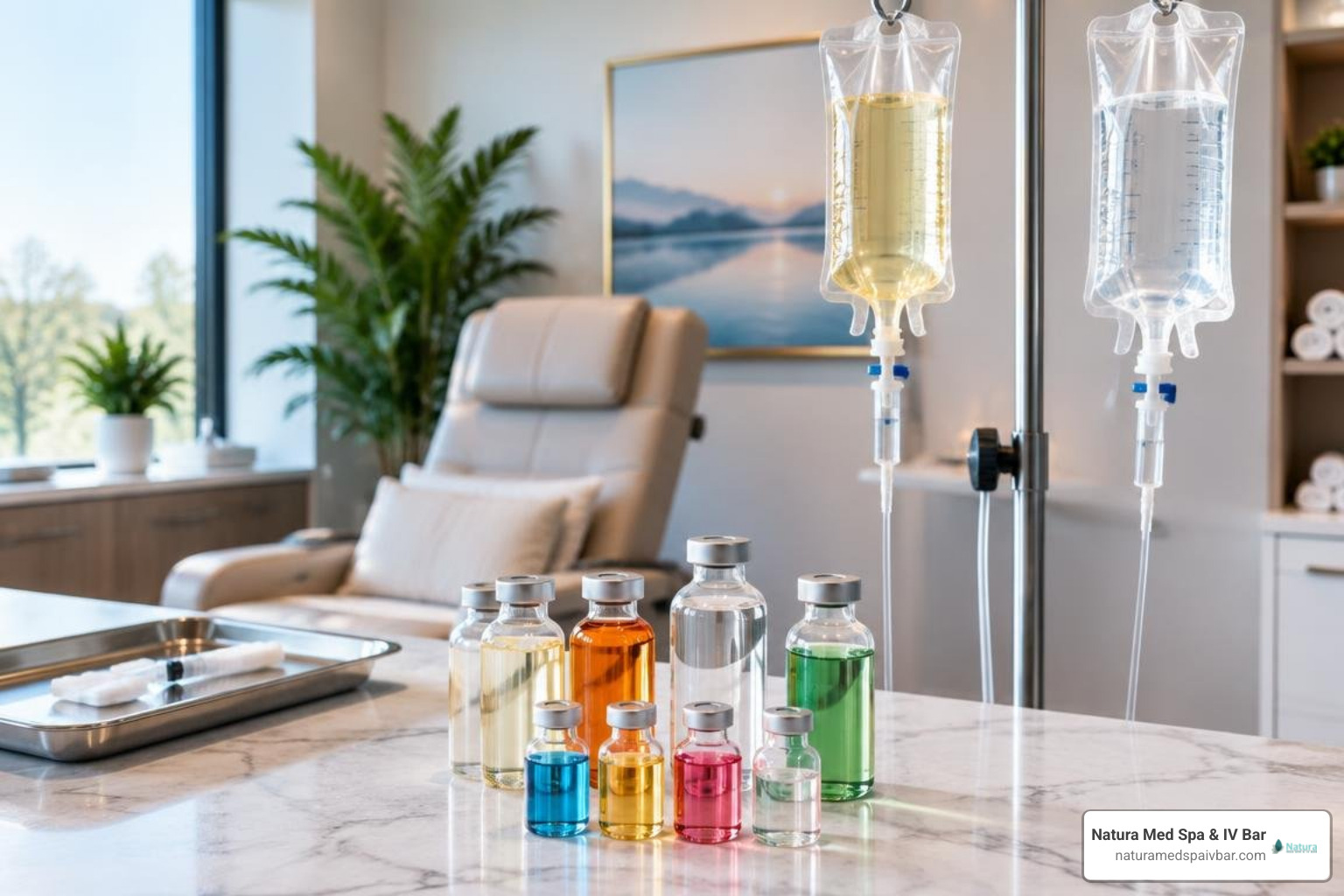 Vials of medical grade vitamins and IV infusion bags Vials of medical grade vitamins and IV infusion bags