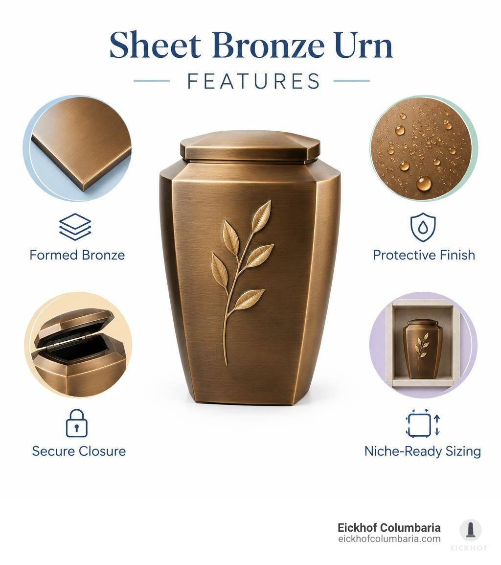 Sheet bronze urn features: formed bronze, protective finish, secure closure, niche-ready sizing infographic Sheet bronze urn features: formed bronze, protective finish, secure closure, niche-ready sizing infographic