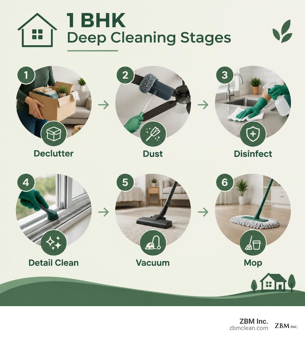 1 BHK deep cleaning stages: declutter, dust, disinfect, detail clean, vacuum and mop infographic