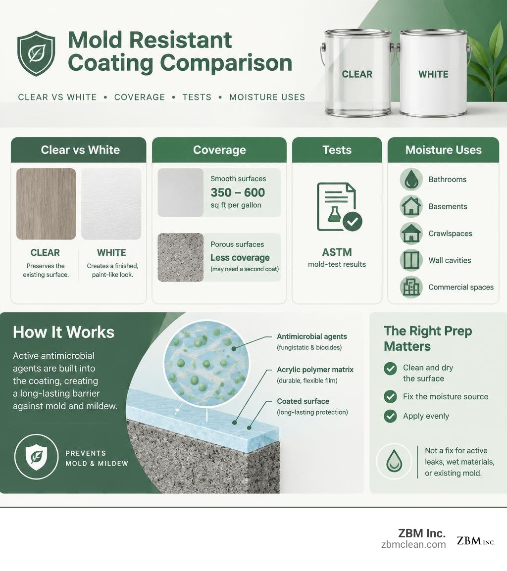 Mold resistant coating comparison: clear vs white, coverage, tests, and moisture uses infographic Mold resistant coating comparison: clear vs white, coverage, tests, and moisture uses infographic