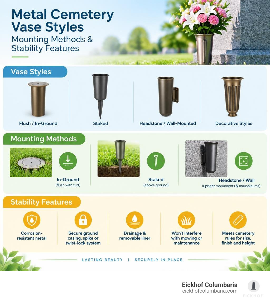 Metal cemetery vase styles, mounting methods, and stability features infographic