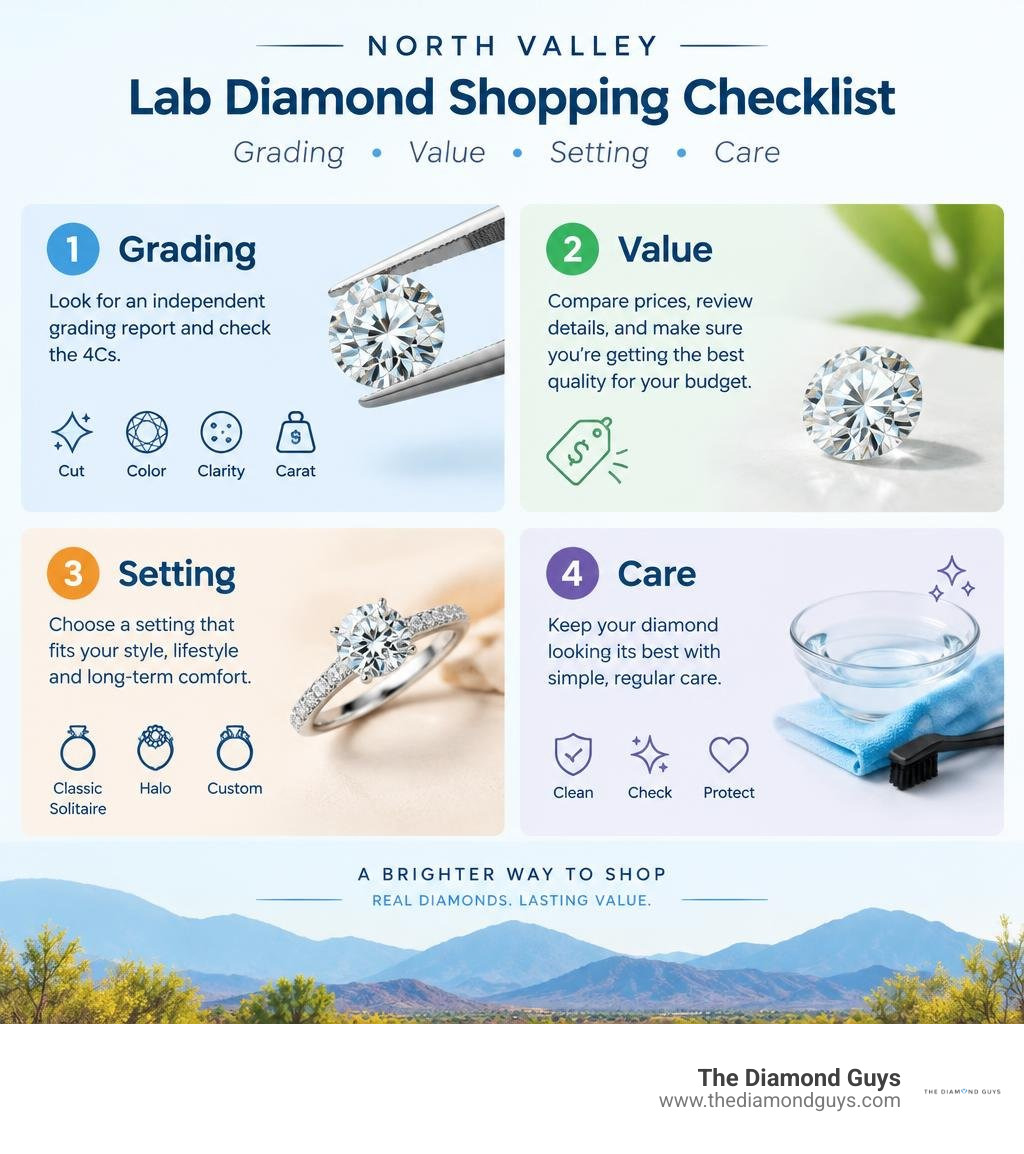 North Valley lab diamond shopping checklist: grading, value, setting, and care infographic North Valley lab diamond shopping checklist: grading, value, setting, and care infographic
