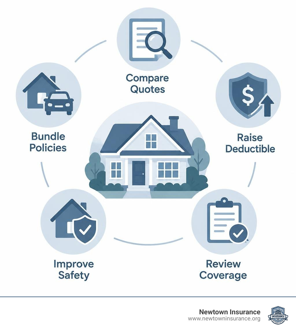 Infographic showing compare quotes, bundle policies, raise deductible, improve safety, and review coverage infographic