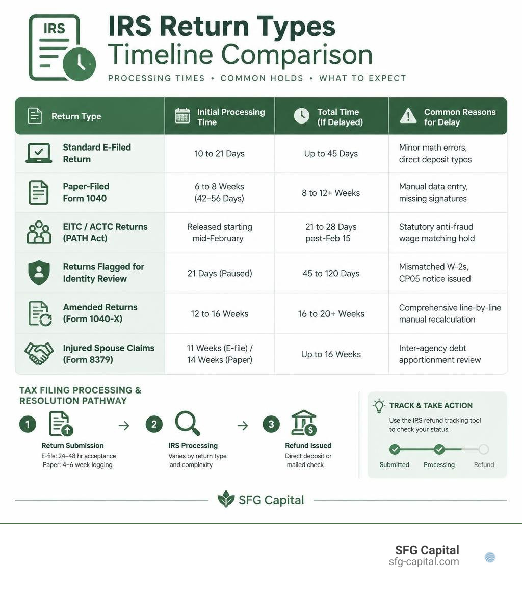IRS Return Types Timeline Comparison infographic IRS Return Types Timeline Comparison infographic