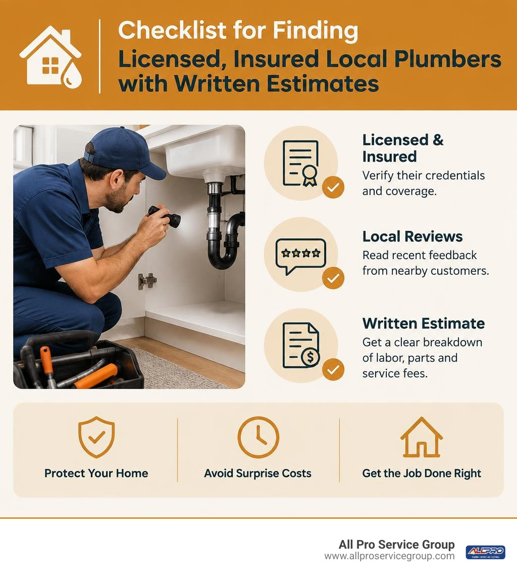 Checklist for finding licensed insured local plumbers with written estimates infographic