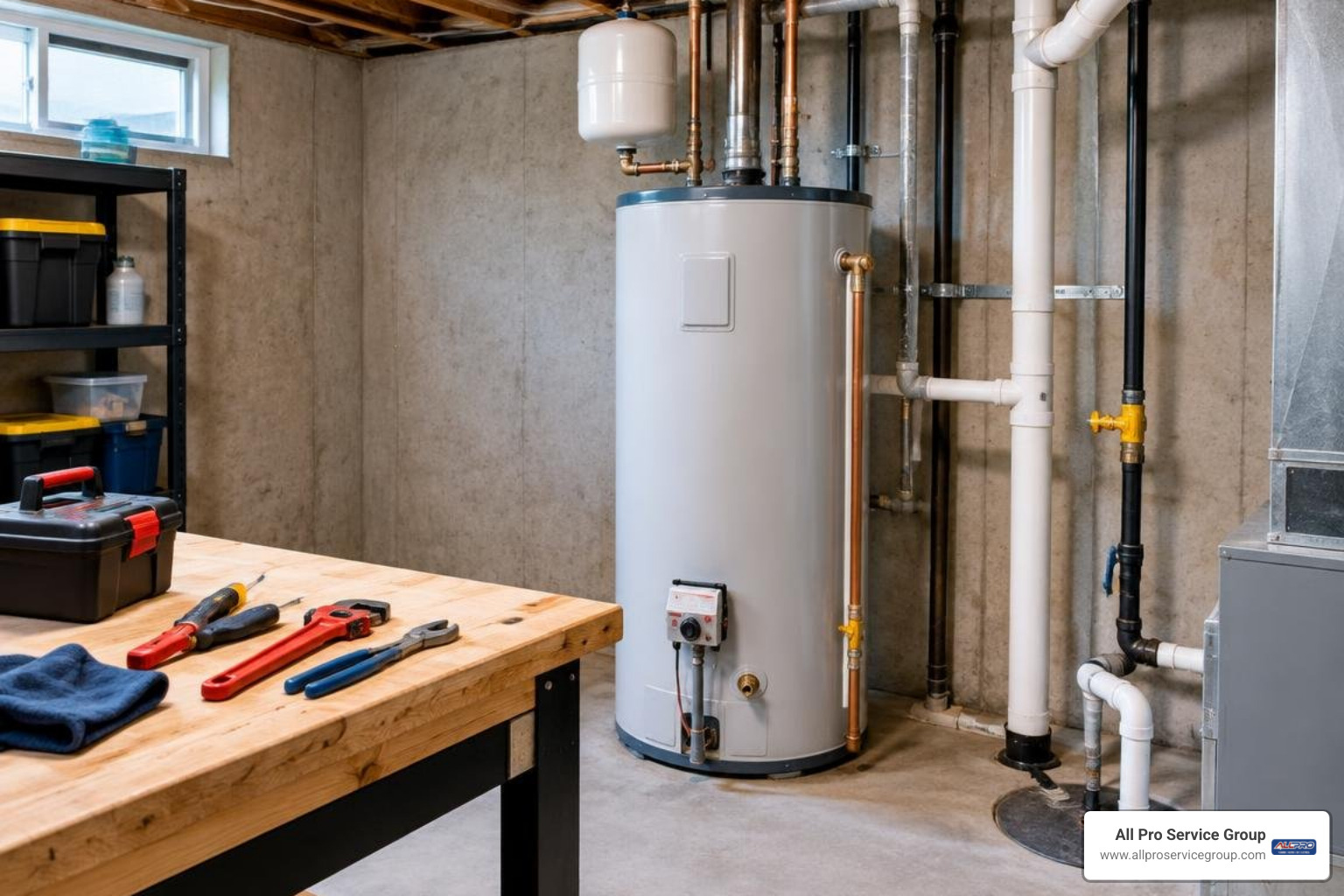 modern plumbing equipment in a residential basement