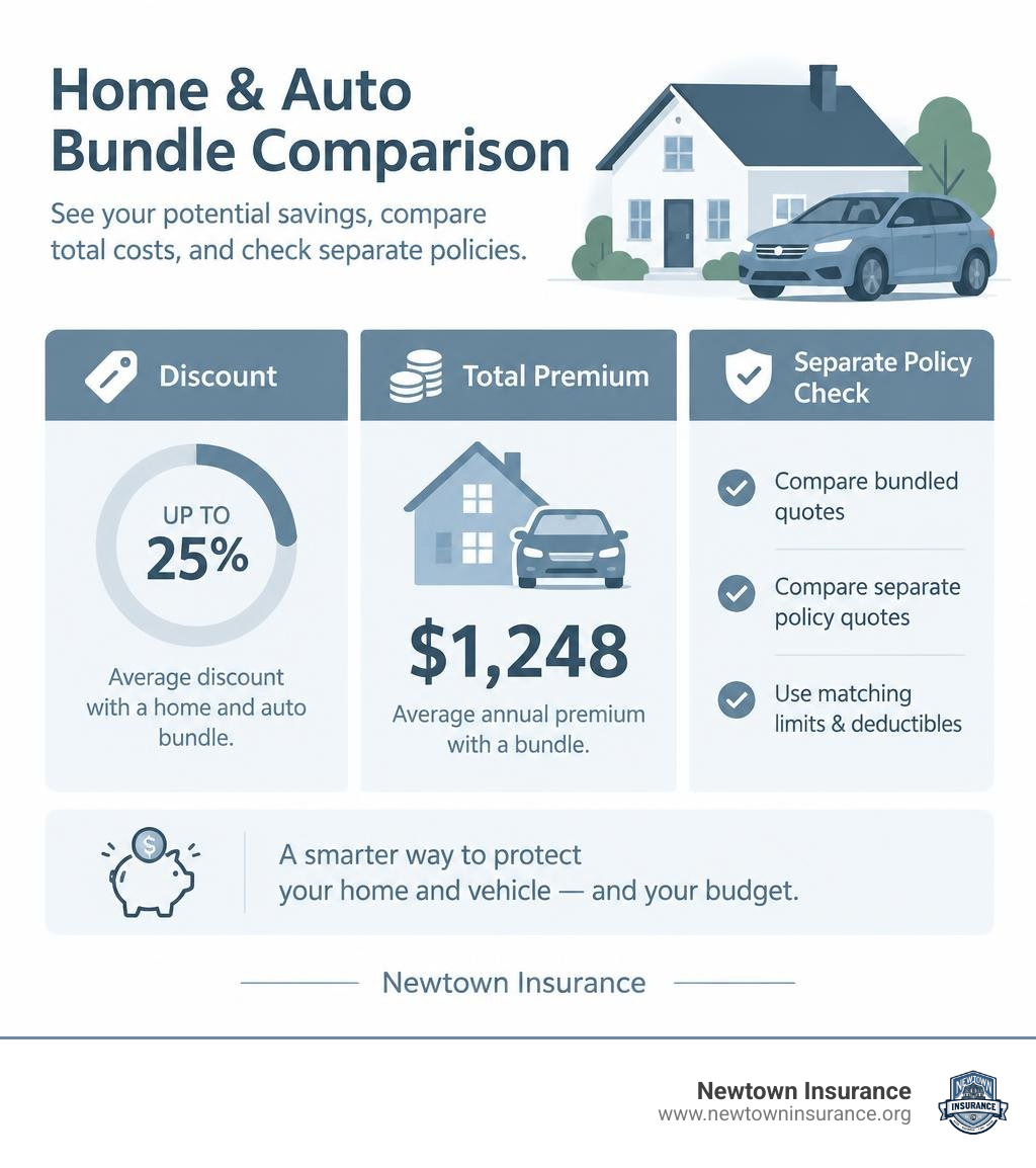 Home and auto bundle comparison showing discount, total premium, and separate-policy check infographic Home and auto bundle comparison showing discount, total premium, and separate-policy check infographic