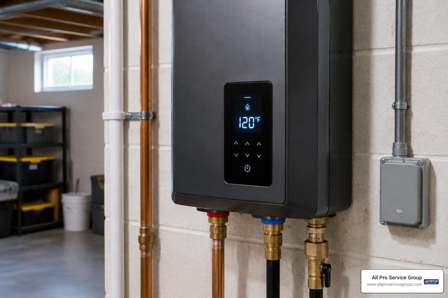 Close-up of a digital temperature control screen on an electric tankless unit