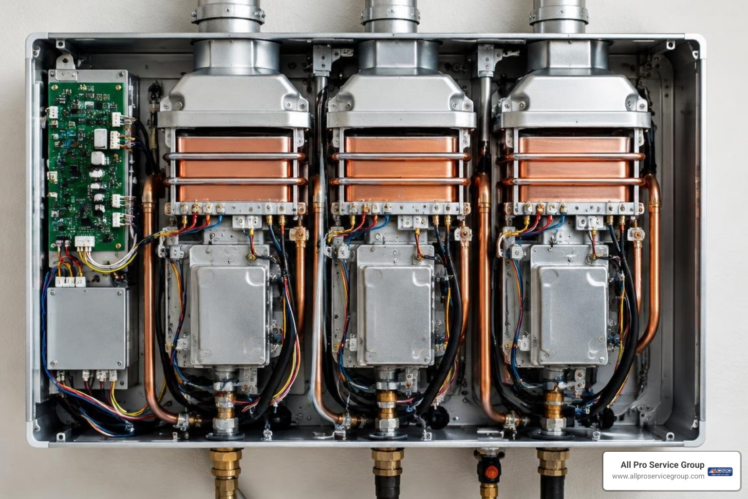Interior components of a multi-chamber whole-house electric tankless water heater