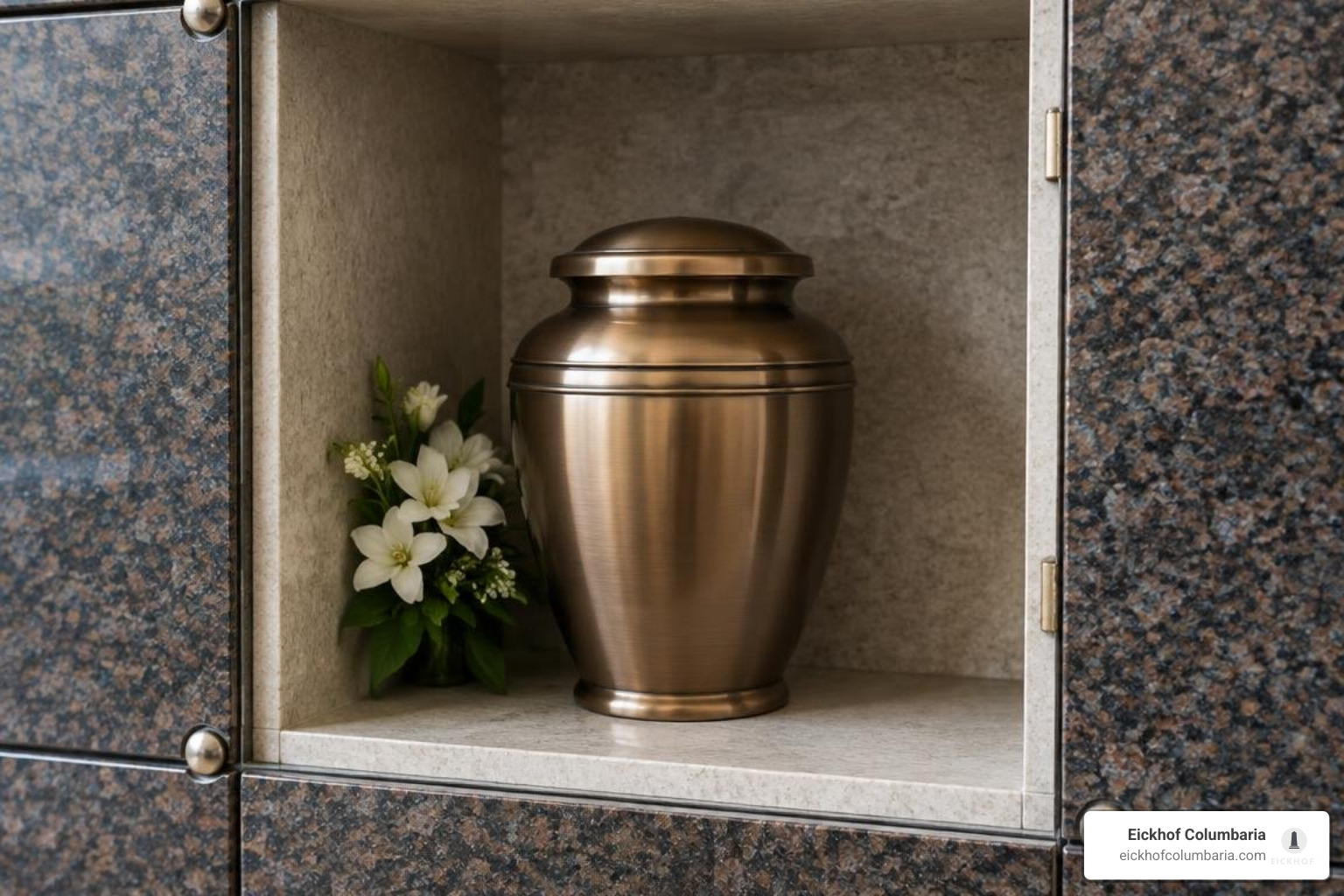 bronze chest urn placed inside a columbarium niche bronze chest urn placed inside a columbarium niche