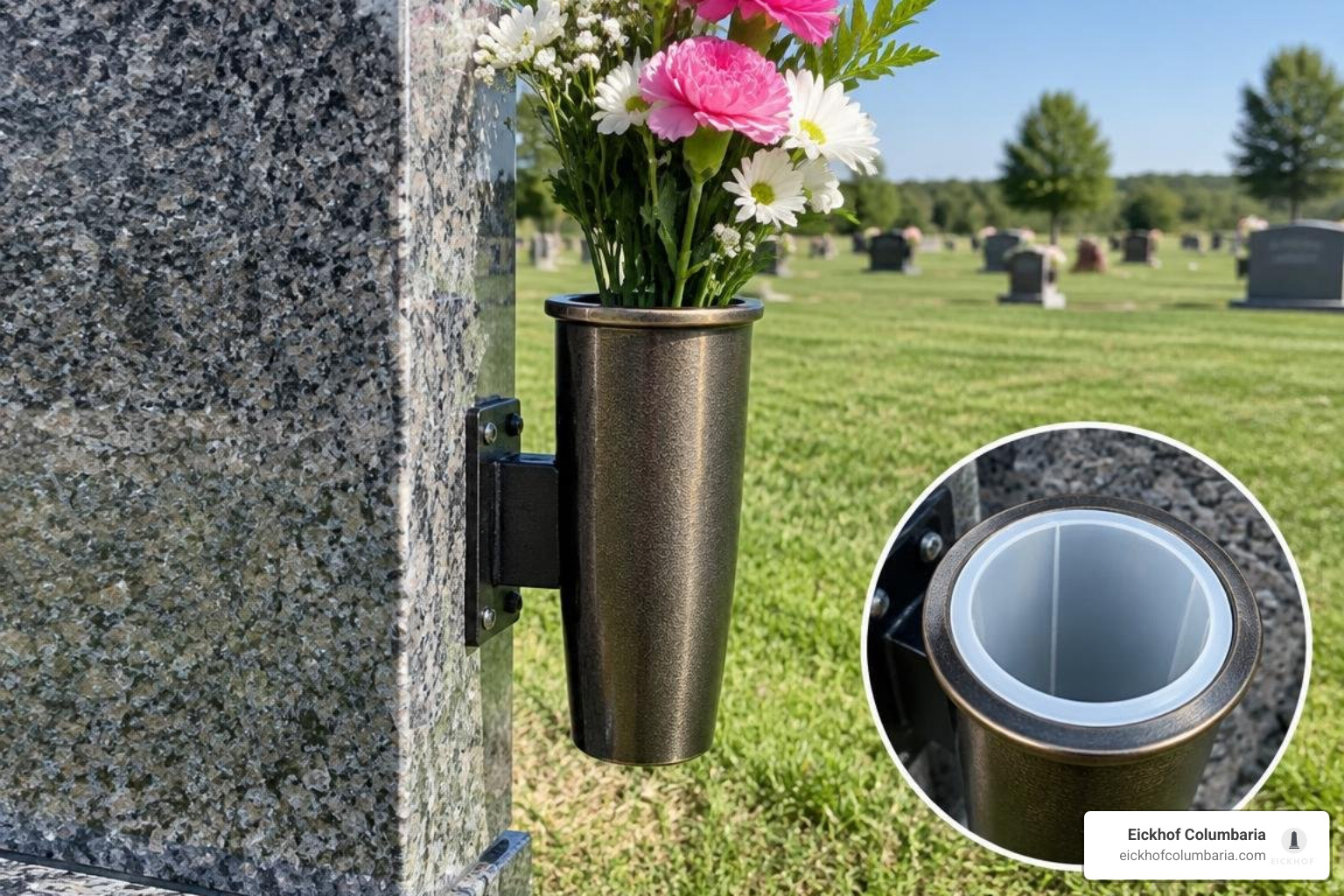 headstone vase mounting systems with protective inserts and concealed brackets