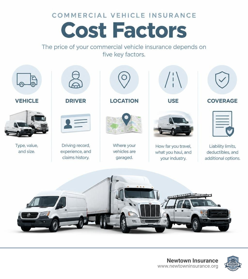 Commercial vehicle insurance cost factors by vehicle, driver, location, use, and coverage infographic