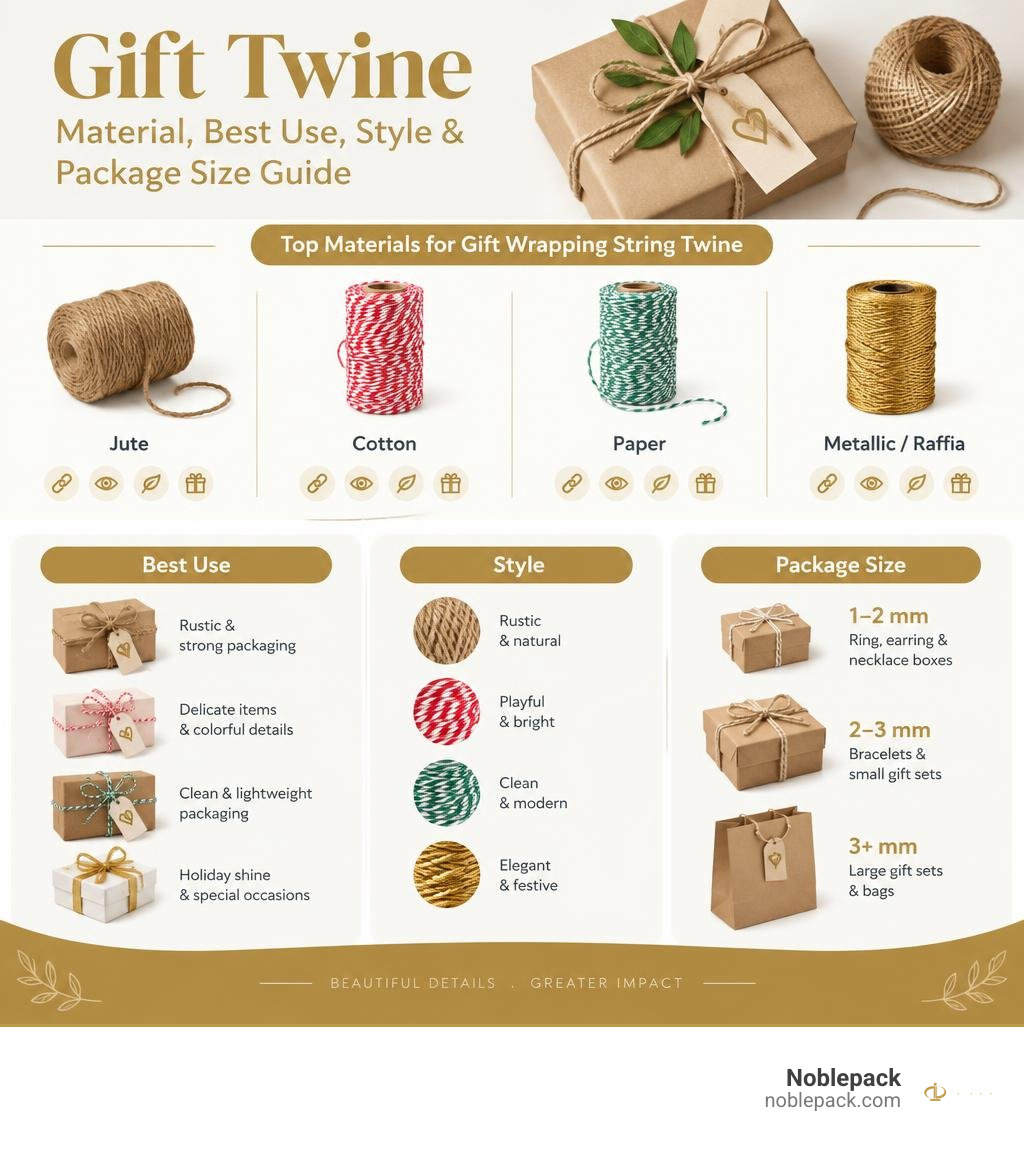 Gift twine material, best use, style, and package size guide infographic Gift twine material, best use, style, and package size guide infographic