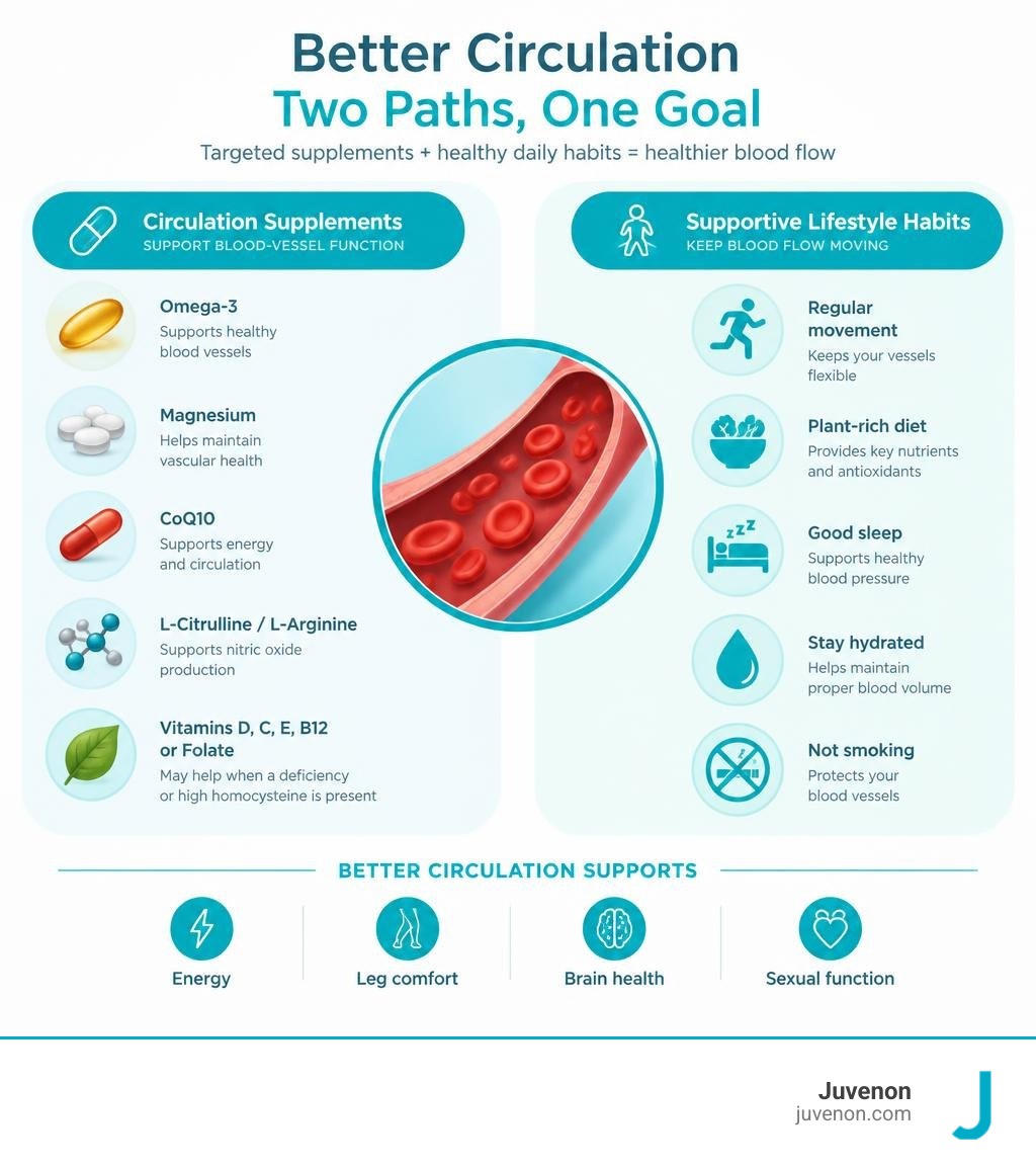 Infographic comparing circulation supplements and supportive lifestyle habits infographic