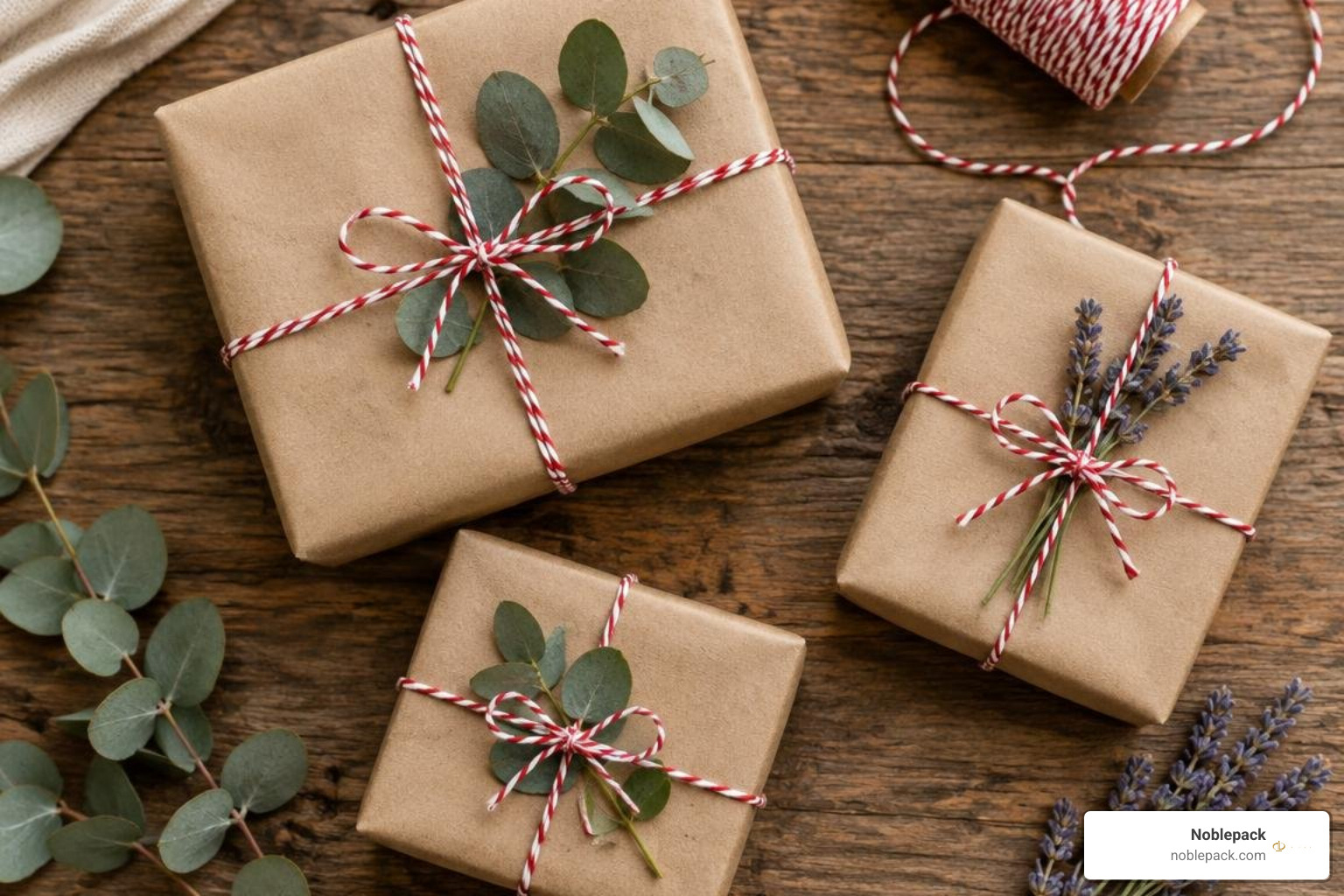 kraft boxes wrapped with crisp cotton baker's twine and dried botanical sprigs kraft boxes wrapped with crisp cotton baker's twine and dried botanical sprigs
