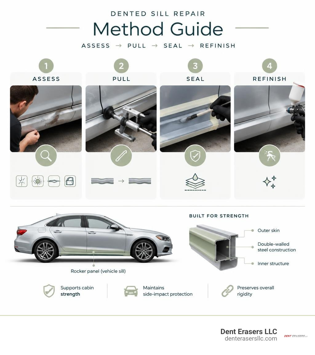 Dented sill repair method guide: assess, pull, seal, and refinish infographic Dented Sill Repair Method Guide: Assess, Pull, Seal, And Refinish Infographic