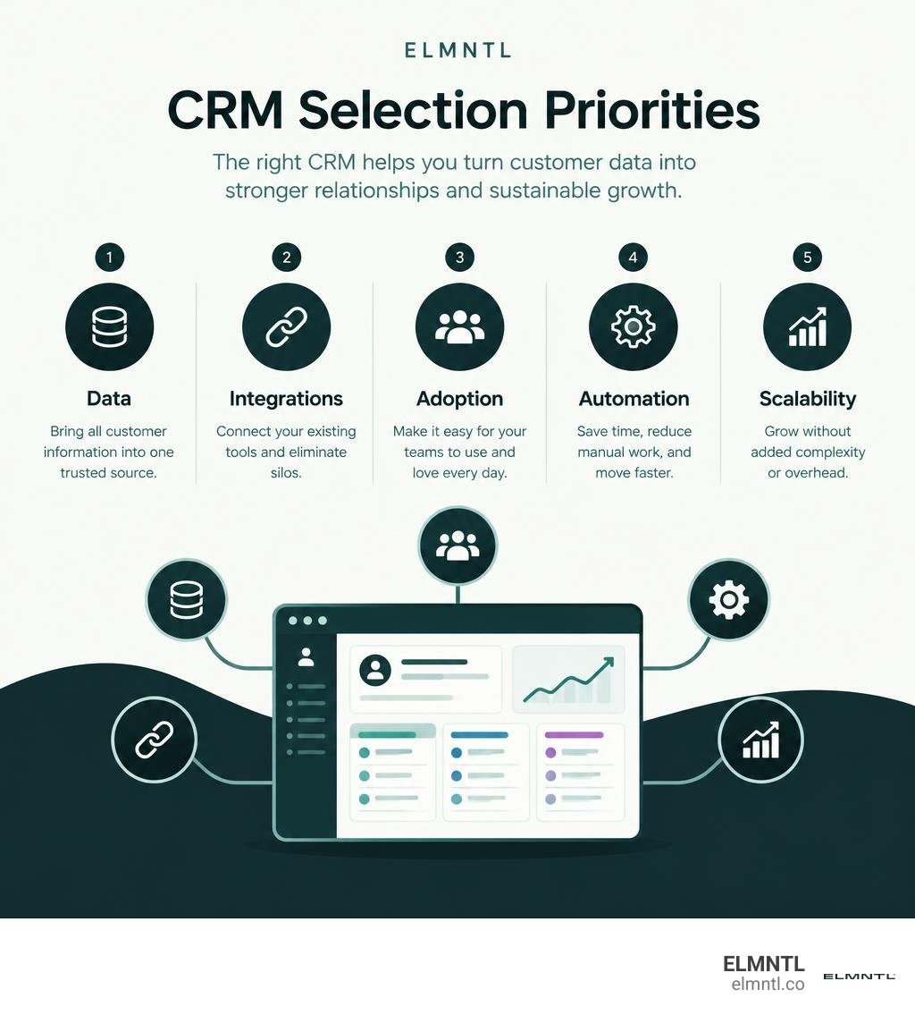 Infographic comparing CRM selection priorities: data, integrations, adoption, automation, scalability infographic Infographic comparing CRM selection priorities: data, integrations, adoption, automation, scalability infographic
