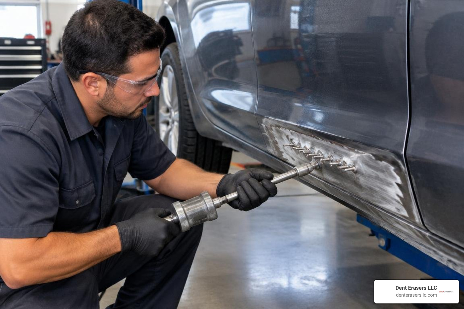 body technician pulling welded studs in a spiral pattern Body Technician Pulling Welded Studs In A Spiral Pattern