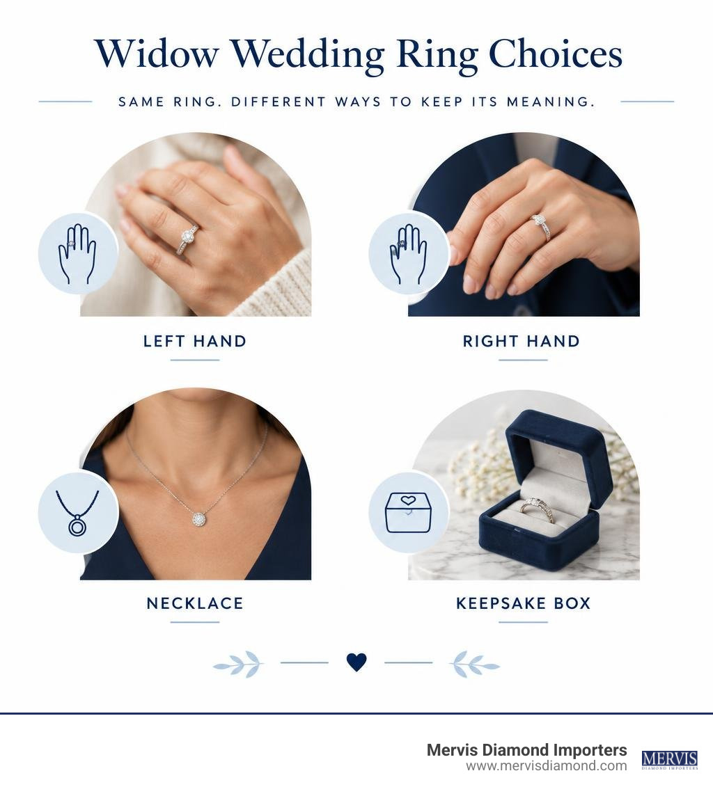 Infographic showing widow wedding ring choices: left hand, right hand, necklace, keepsake box infographic Infographic showing widow wedding ring choices: left hand, right hand, necklace, keepsake box infographic