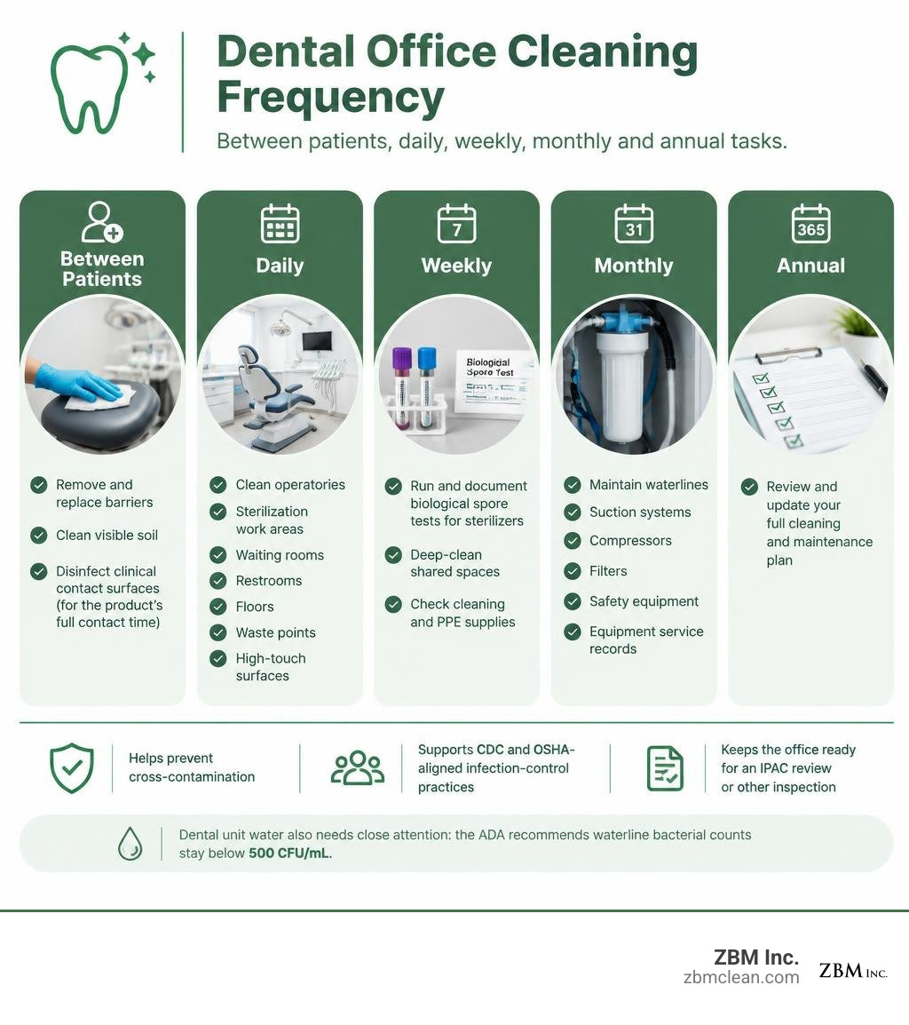 Dental office cleaning frequency: between patients, daily, weekly, monthly and annual tasks infographic Dental office cleaning frequency: between patients, daily, weekly, monthly and annual tasks infographic