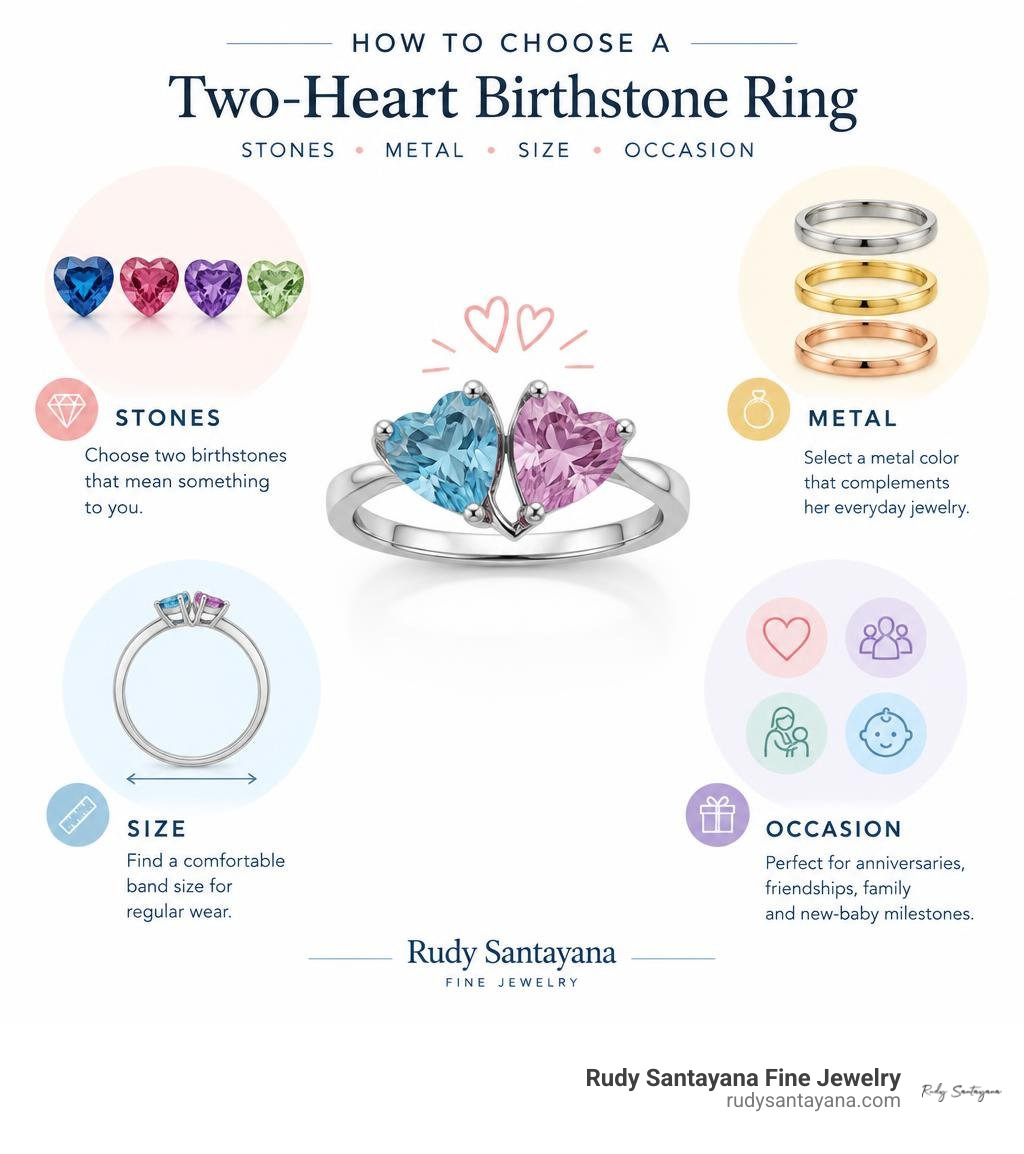 How to choose a two-heart birthstone ring: stones, metal, size, and occasion infographic