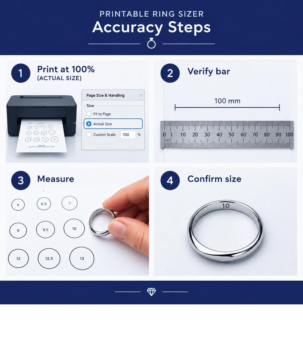 Printable ring sizer accuracy steps: print at 100 percent, verify bar, measure, confirm size infographic Printable ring sizer accuracy steps: print at 100 percent, verify bar, measure, confirm size infographic