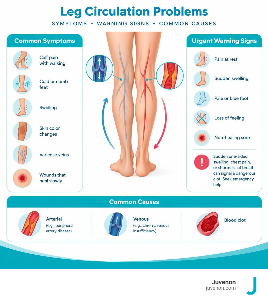 Infographic of leg circulation symptoms, urgent warning signs, and common causes infographic Infographic of leg circulation symptoms, urgent warning signs, and common causes infographic