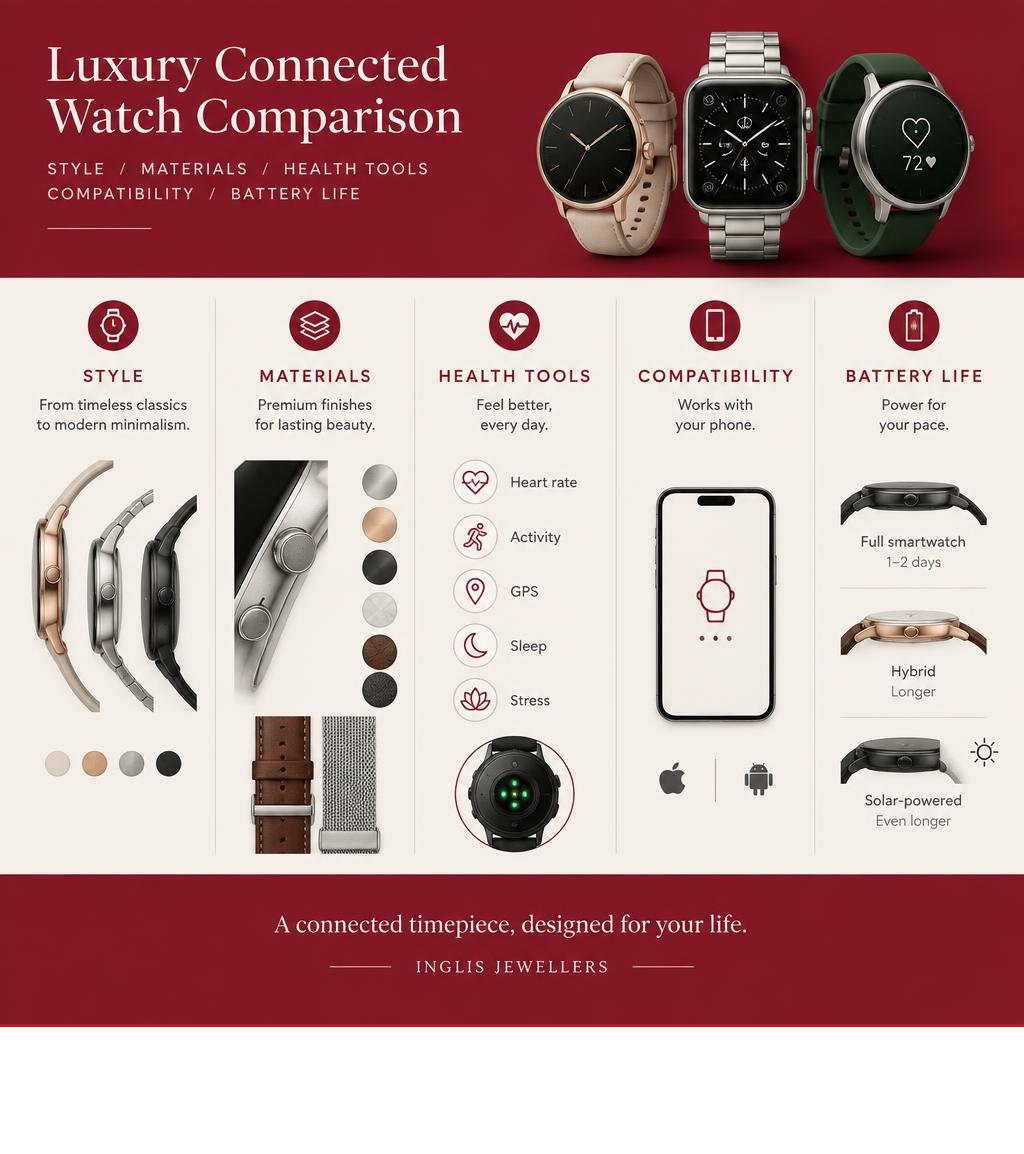 Luxury connected watch comparison: style, materials, health tools, compatibility, and battery life infographic